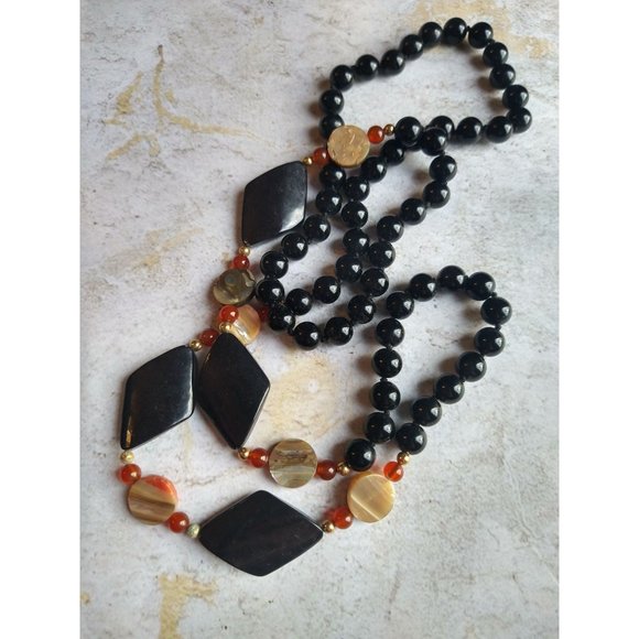 Vintage Black and Orange Bead Necklace Estate Jewelry - Picture 1 of 4